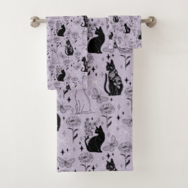 Mystieke zwarte kat en vlinderpatroon | hekserig bad handdoek