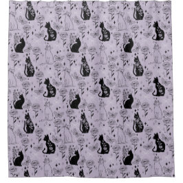 Mystieke zwarte kat en vlinderpatroon | hekserig douchegordijn