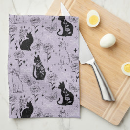 Mystieke zwarte kat en vlinderpatroon | hekserig theedoek