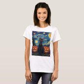 Mystieke Zwarte Kat Halloween Illustratie T-shirt (Voorkant volledig)