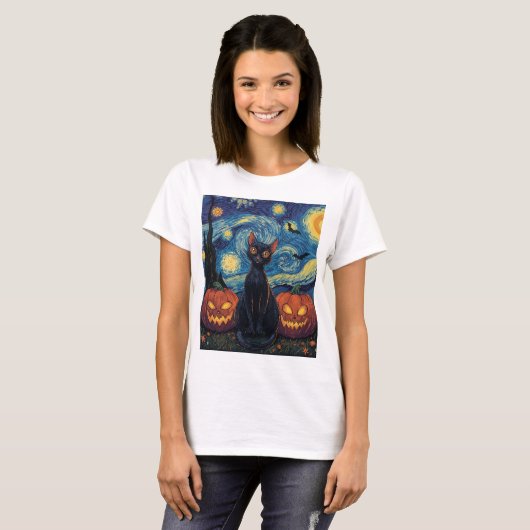 Mystieke Zwarte Kat Halloween Illustratie T-shirt (Voorkant volledig)