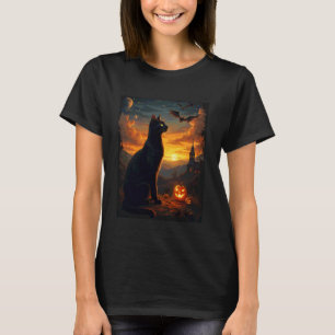Mystieke Zwarte Kat Halloween Maneschijn Feestkost T-shirt