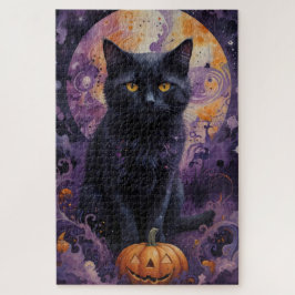 Mystieke Zwarte Kat Halloween Pompoenen Maanlicht Legpuzzel