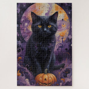 Mystieke Zwarte Kat Halloween Pompoenen Maanlicht Legpuzzel