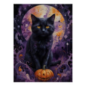 Mystieke Zwarte Kat Halloween Pompoenen Maanlicht Perfect Poster (Voorkant)