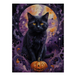 Mystieke Zwarte Kat Halloween Pompoenen Maanlicht Perfect Poster