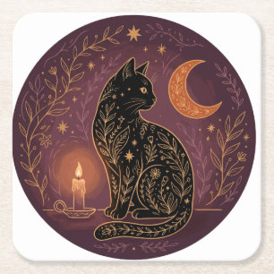 Mystieke Zwarte Kat Hemelse Hekserij Halloween Kartonnen Onderzetters