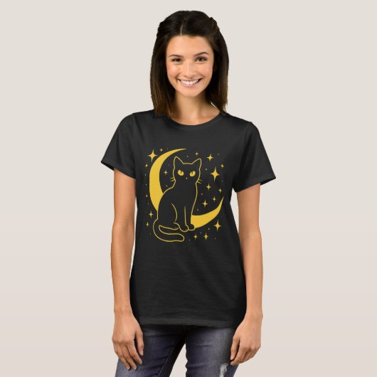 Mystieke Zwarte Kat - Hemelse Nacht T-shirt (Voorkant volledig)