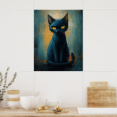 Mystieke Zwarte Kat in Teal Schaduwen Poster (Keuken)