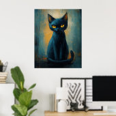 Mystieke Zwarte Kat in Teal Schaduwen Poster (Thuiskantoor)