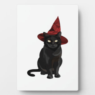 Mystieke zwarte kat met donkerrode hoed Klassiek T Fotoplaat