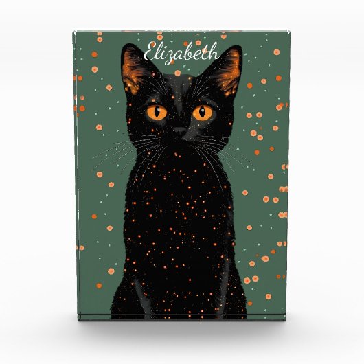 Mystieke zwarte kat met Oranje ogen en glitter Fotoblokken (Voorkant)