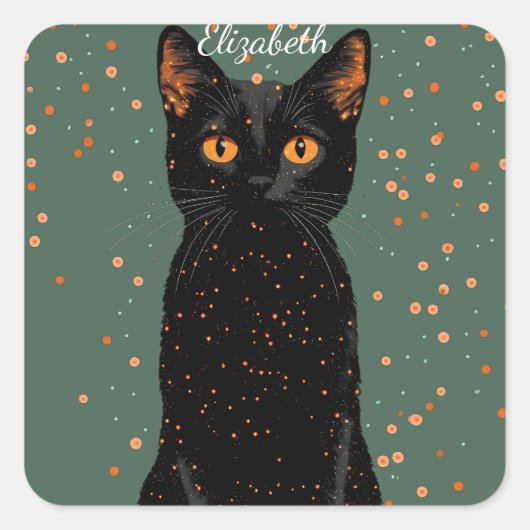 Mystieke zwarte kat met Oranje ogen en glitter Vierkante Sticker (Voorkant)