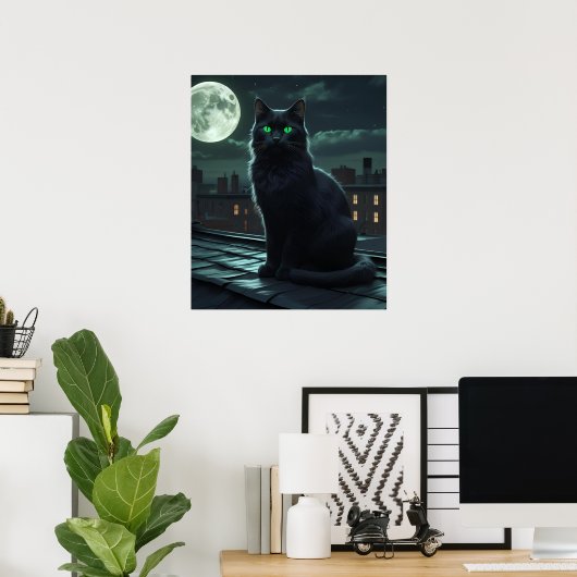 Mystieke zwarte kat onder volle maan poster (Thuiskantoor)