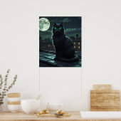 Mystieke zwarte kat onder volle maan poster (Keuken)