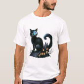 Mystieke zwarte kat op spookhuis t-shirt (Voorkant)