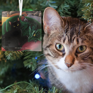 Mystieke Zwarte Kat Smaragdgroene Draak Fantasie Glas Ornament