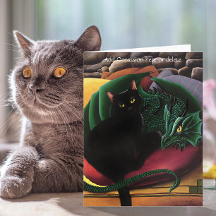 Mystieke Zwarte Kat Smaragdgroene Draak Fantasie Kaart