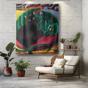 Mystieke Zwarte Kat Smaragdgroene Draak Fantasie Wandkleed