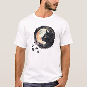 Mystieke Zwarte Kat & Volle Maan Waterverf Kunst T-shirt