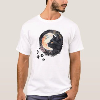 Mystieke Zwarte Kat & Volle Maan Waterverf Kunst T-shirt