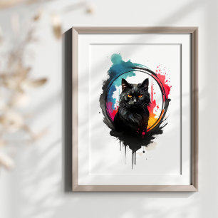 Mystieke Zwarte Kat Waterverf Splash Art Poster