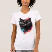 Mystieke Zwarte Kat Waterverf Splash Art T-shirt (Voorkant)