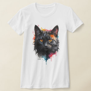 Mystieke Zwarte Kat Waterverf Splash Art T-shirt
