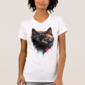 Mystieke Zwarte Kat Waterverf Splash Art T-shirt (Voorkant)