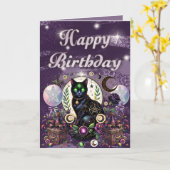 Mystieke Zwarte Kat Witchy Verjaardag Hemels Thema Kaart (Gele Bloem)