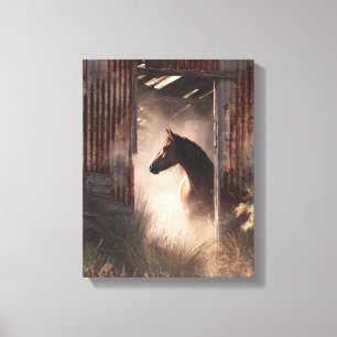 Mystieke Zwarte Paard Bos Gloeiende Kunst Canvas Afdruk