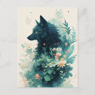 Mystieke Zwarte Wolf in het Turkooizen Botanische  Briefkaart