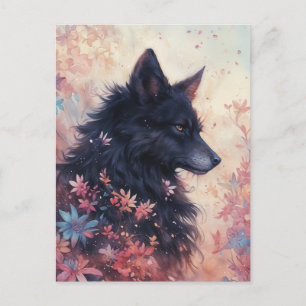 Mystieke Zwarte Wolf in Roze Bloemrijke Weide Briefkaart