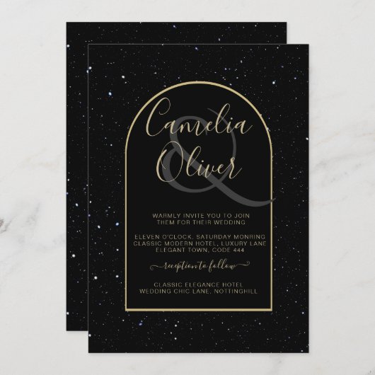 Mystique BLACK GOLD Starnacht Bruiloft Kaart (Voorkant / Achterkant)