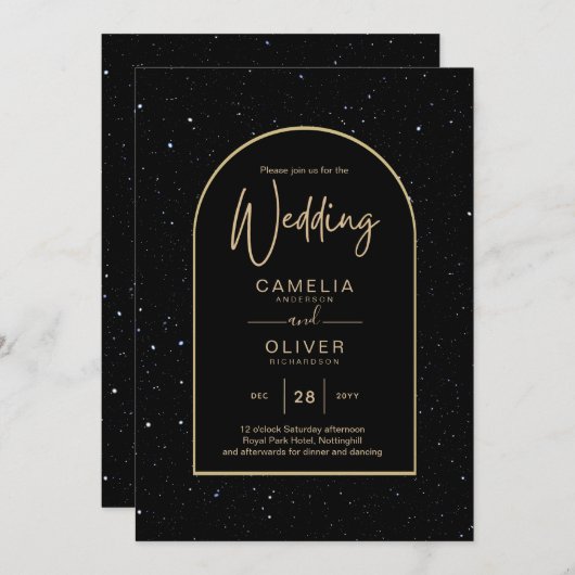 Mystique BLACK GOLD Sterrennacht Bruiloft Kaart (Voorkant / Achterkant)