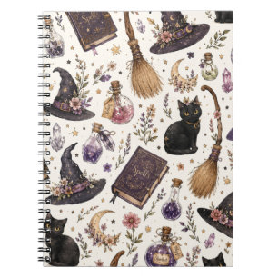 Mystisch Hekserig Halloween Patroon met Zwarte Kat Notitieboek