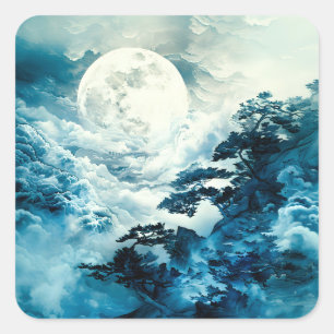 Mystisch maanverlicht berglandschap vierkante sticker