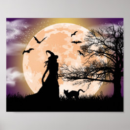 Mystische heks, zwarte kat, Poster met volle maan