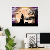 Mystische heks, zwarte kat, volle maan poster (Thuiskantoor)