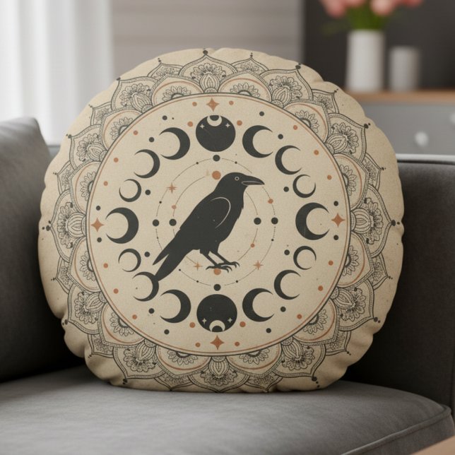 Mystische Raven Maanfase Mandala Hemelse Kunst Rond Kussen (Celestial Raven Pillow)