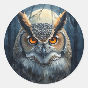 Mystische Uil Watercolor Kunst   Donkere Bos Maan  Ronde Sticker