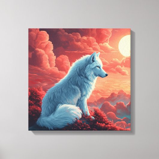 Mystischer weißer Wolf bei Sonnenuntergang Canvas Afdruk (Voorkant)