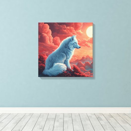 Mystischer weißer Wolf bei Sonnenuntergang Canvas Afdruk (Insitu (Houten vloer))