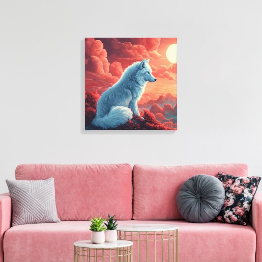 Mystischer weißer Wolf bei Sonnenuntergang Canvas Afdruk (Insitu (Woonkamer))