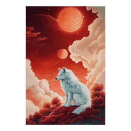 Mystischer weißer Wolf unter rotem Himmel Perfect Poster