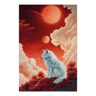 Mystischer weißer Wolf unter rotem Himmel Perfect Poster