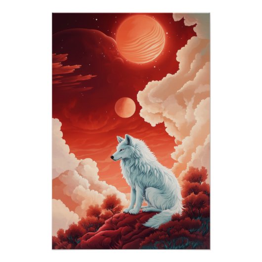 Mystischer weißer Wolf unter rotem Himmel Perfect Poster (Voorkant)