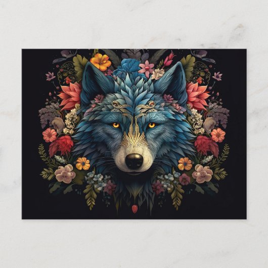 Mystischer Wolf umringt von Blumen Briefkaart (Voorkant)