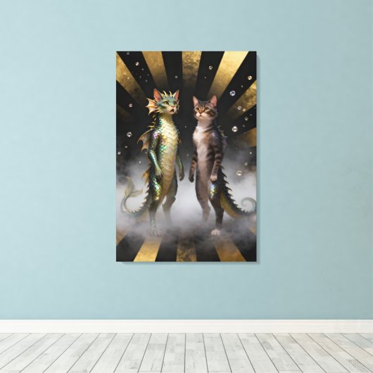 Mythical Cat-Dragon Creatures Canvas Afdruk (Insitu (Houten vloer))