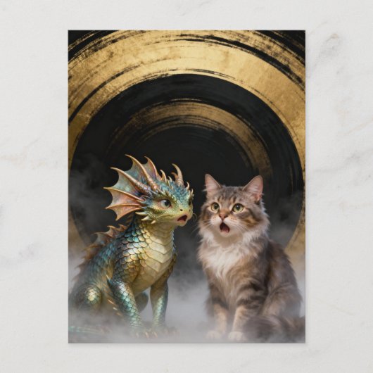Mythical Cat-Dragon Creatures Surprised Briefkaart (Voorkant)